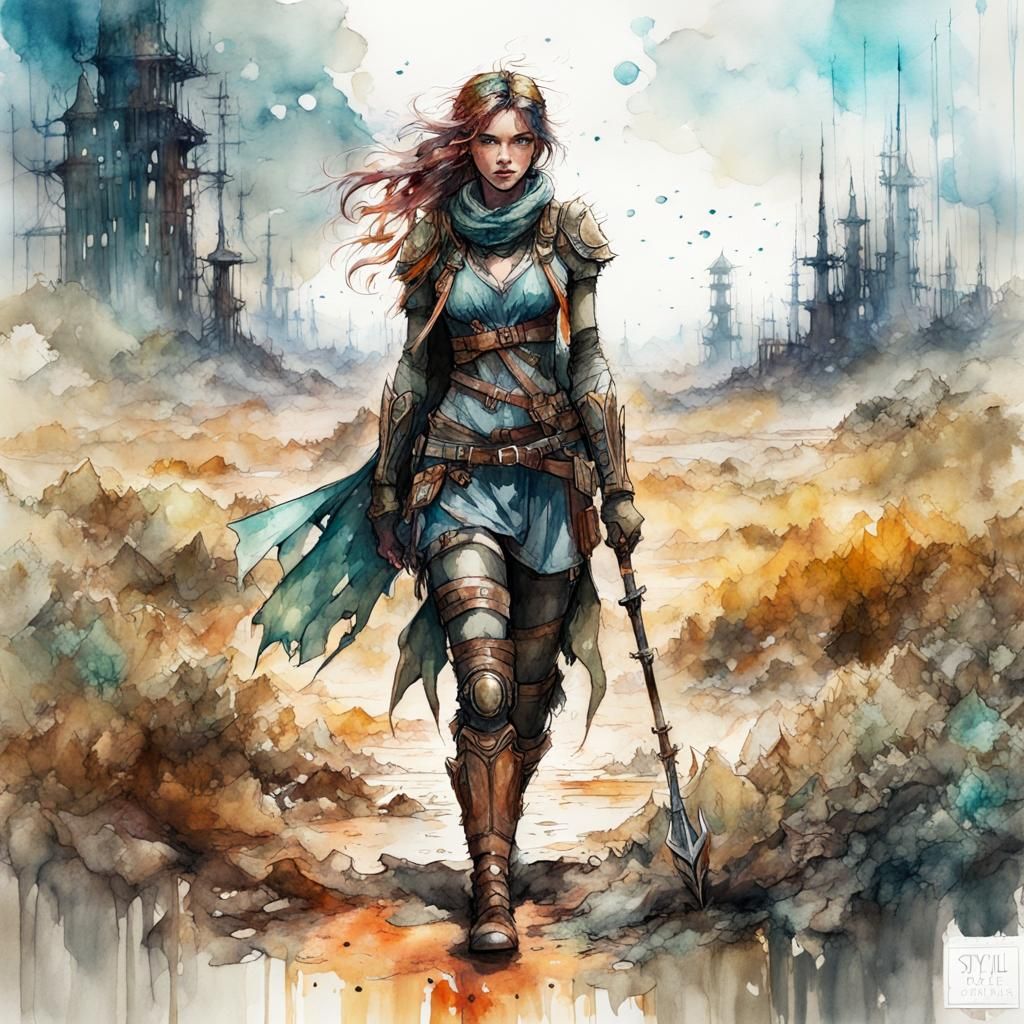 Wasteland Scavenger: Digital Watercolor Illustration