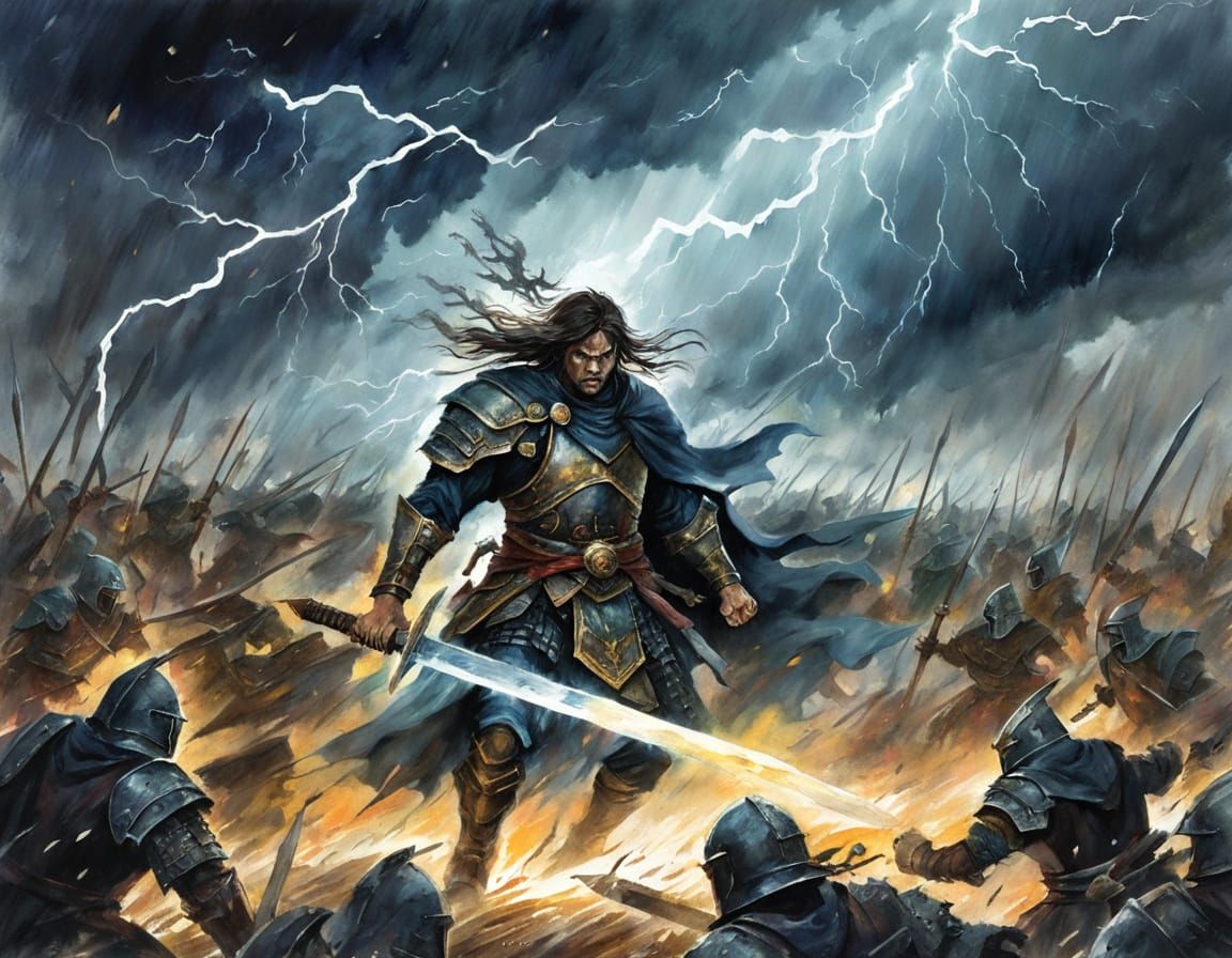 Warrior Battles Horde on Stormy Field with Glowing Sword