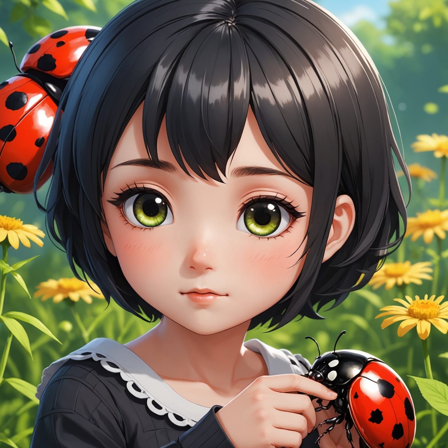 Anime Chibi Girl Petting Ladybug