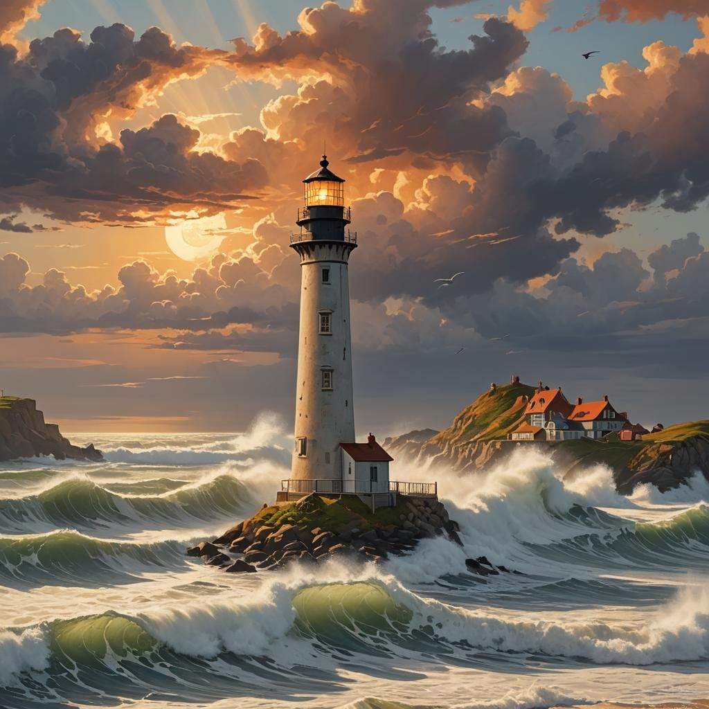 Sunset Lighthouse Overlooking the Sea