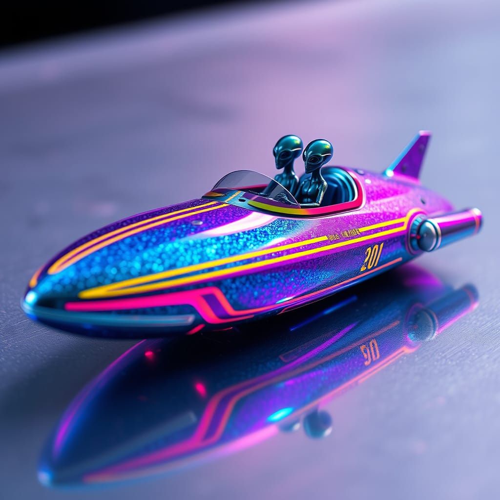 Glowing Iridescent Spaceship with Chrome Alien Crew in Symme...