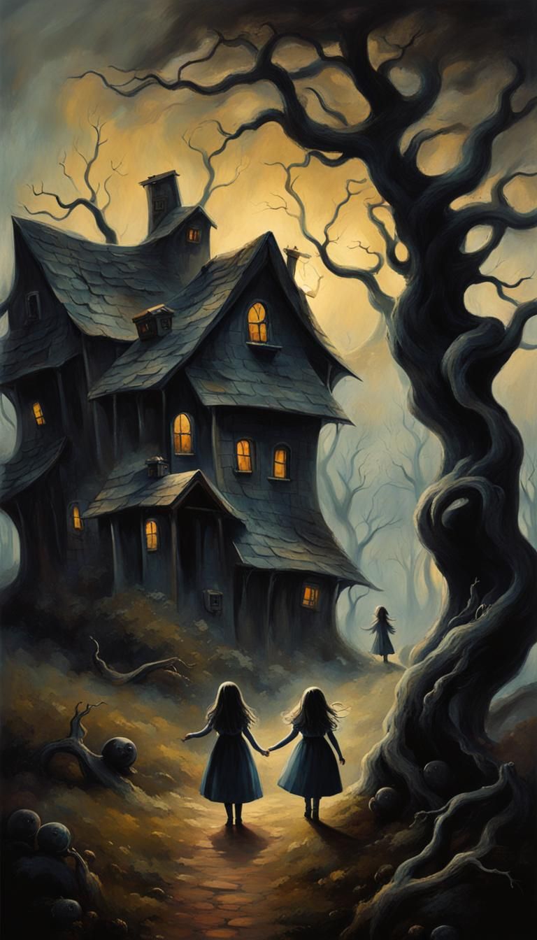 Haunted Village with Ghost Girls as Oil Painting