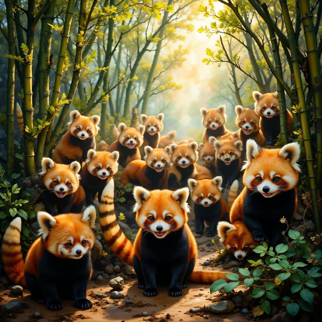 Red Pandas Play in Golden Hour Bamboo Forest