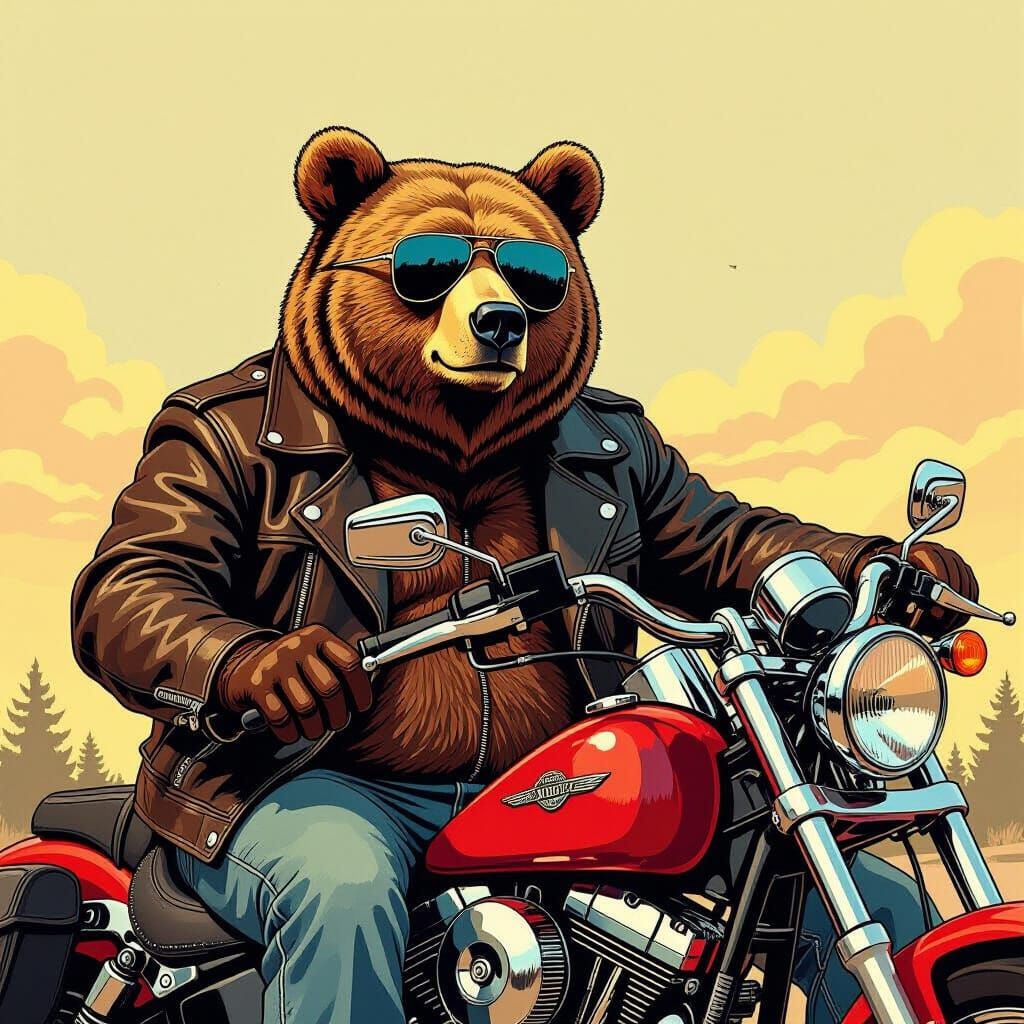 Papa Bear on Motorcycle in 1970s Style