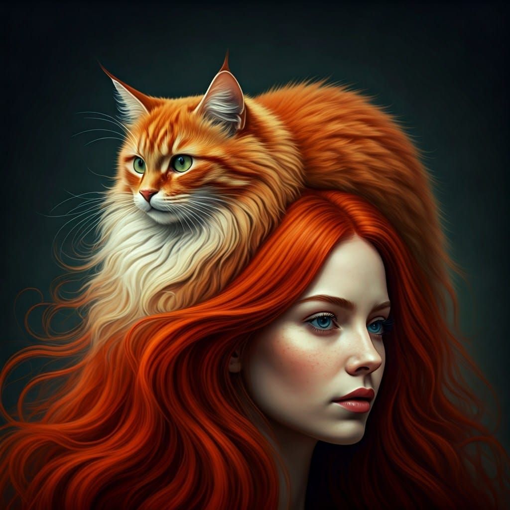 Surreal Woman with Cat Portrait, Mixed Media Style