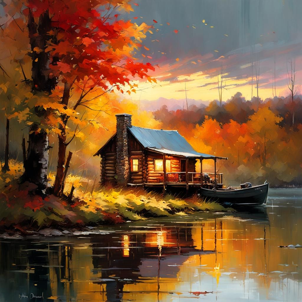 Riverside Cabin at Sunset: Detailed Matte Painting