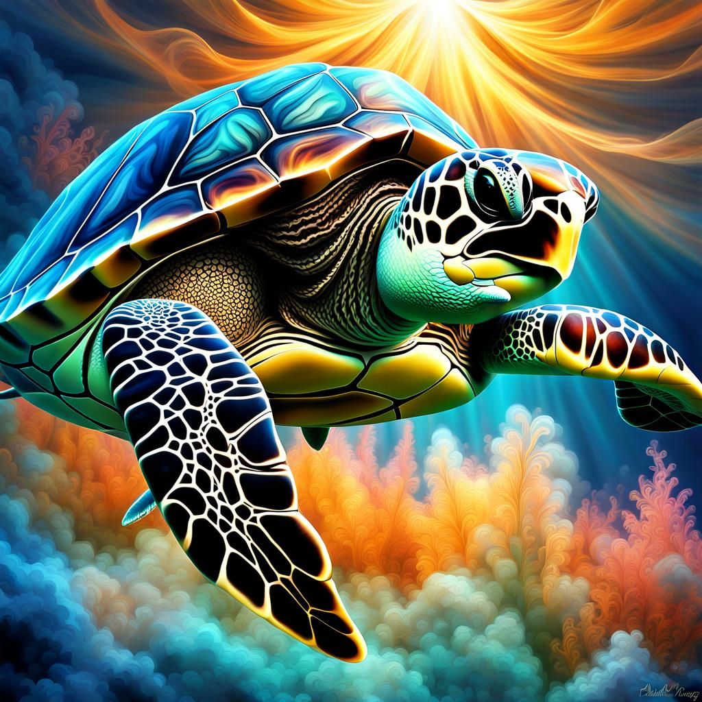 Adorable Sea Turtle in Fractal Airbrush Art