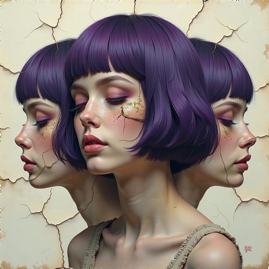 Abstract Portrait of Woman with Purple Bob in Cracked Style
