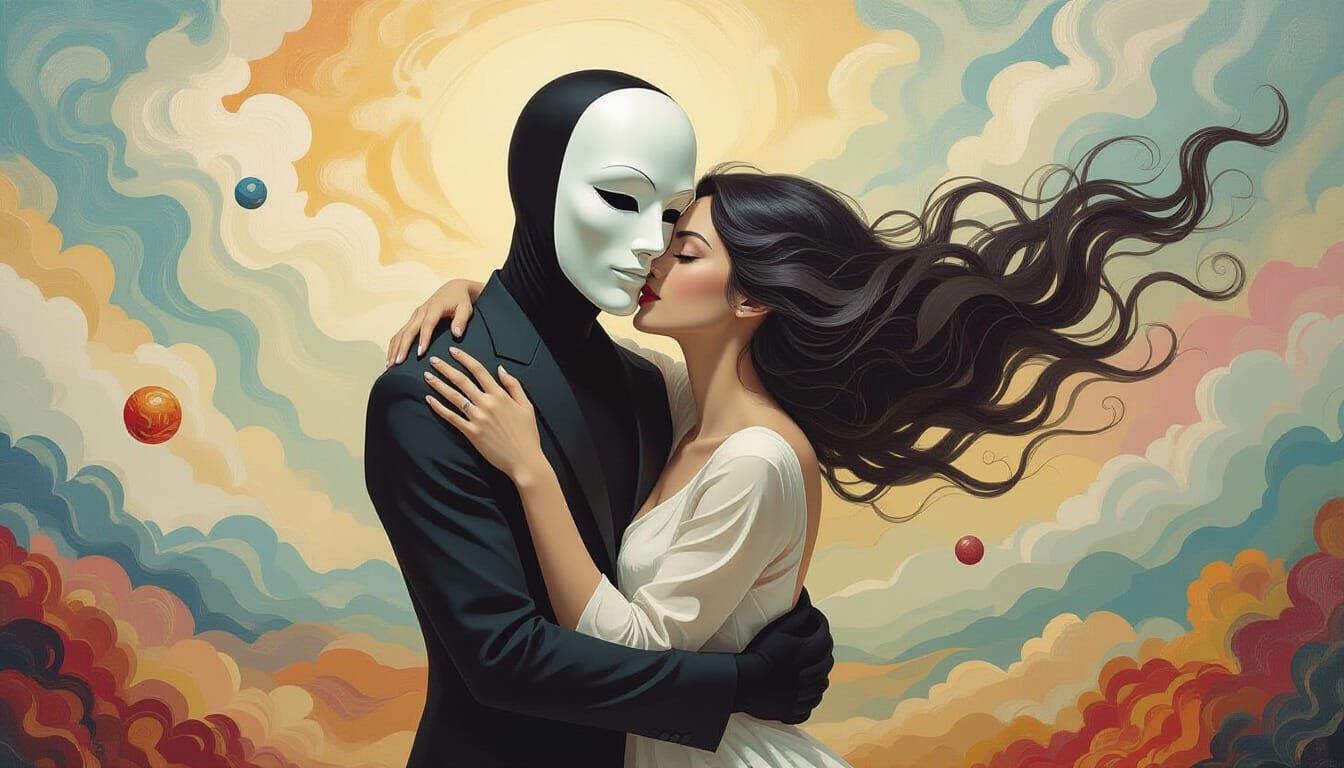 Masked Figure Embrace in Surreal Fantasy Landscape