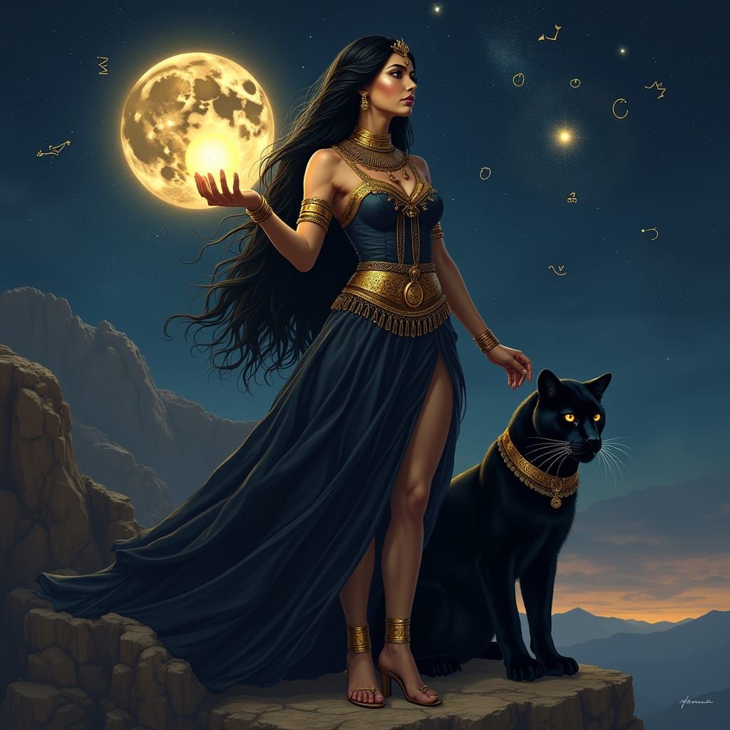 Surreal Goddess of the Mountain Under Celestial Light