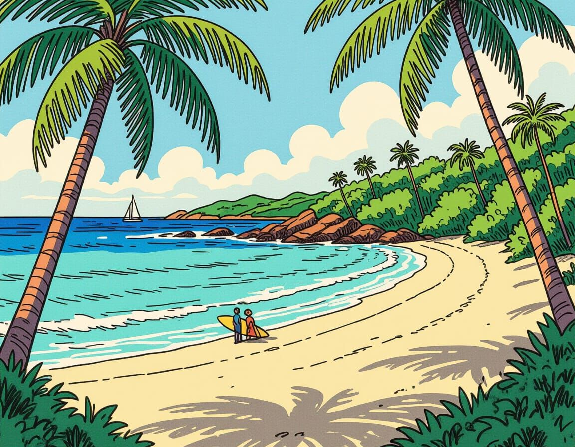 Tropical Beach Illustration in Comic Style