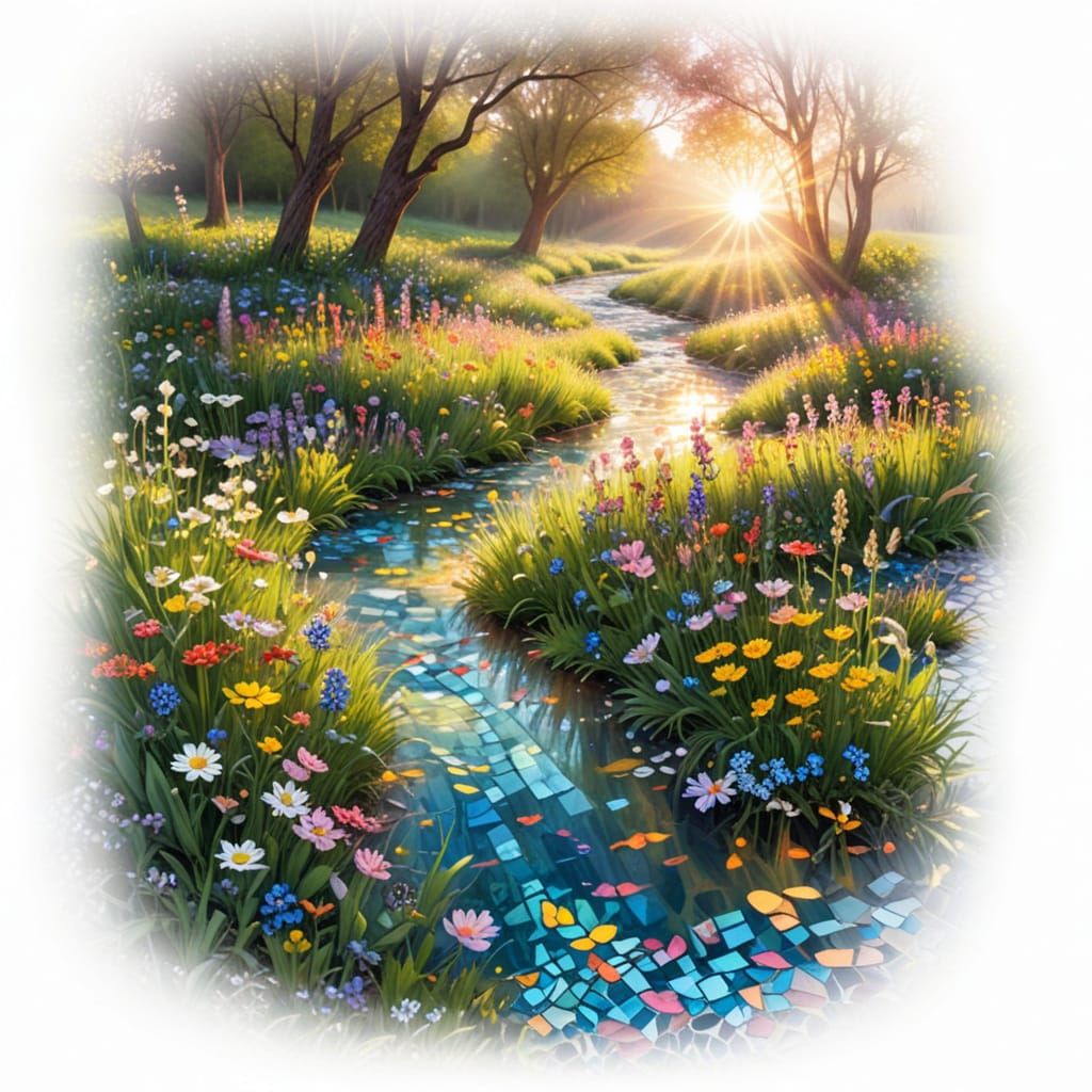 Radiant Brook in Wildflower Meadow: Surreal Mosaic Dreamscap...
