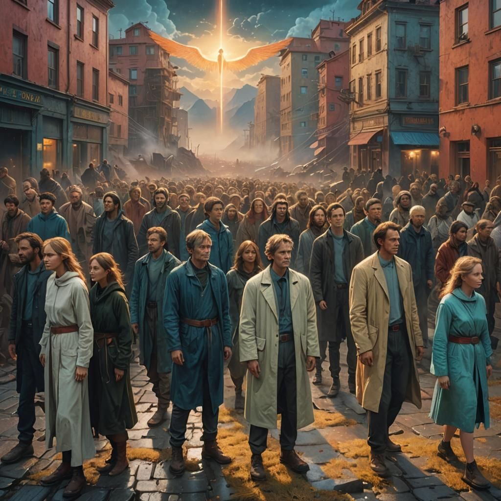 Angelic Figures Gathering on Misty Mountain Peak