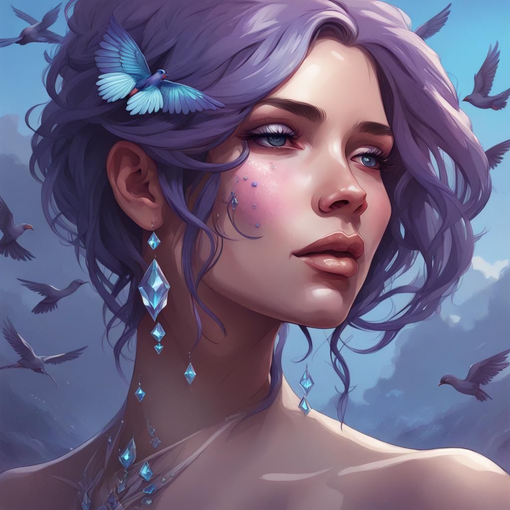 Girl with Bluebirds: Fantasy Portrait in Art Nouveau Style