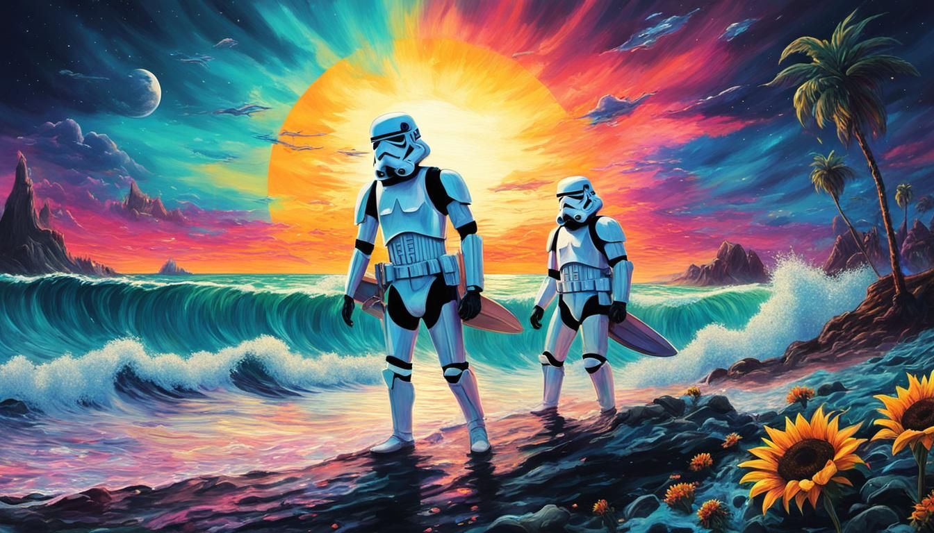 Stormtroopers Surfing Neon Waves in Cyberpunk Style