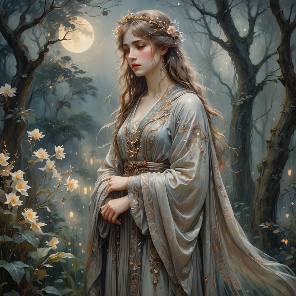 Frowning Anime Girl in Moonlit Garden, Symbolist Painting