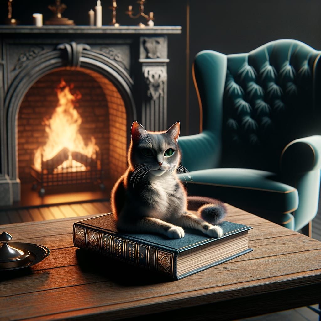 Cozy Domestic Scene with Elegant Cat and Crackling Hearth