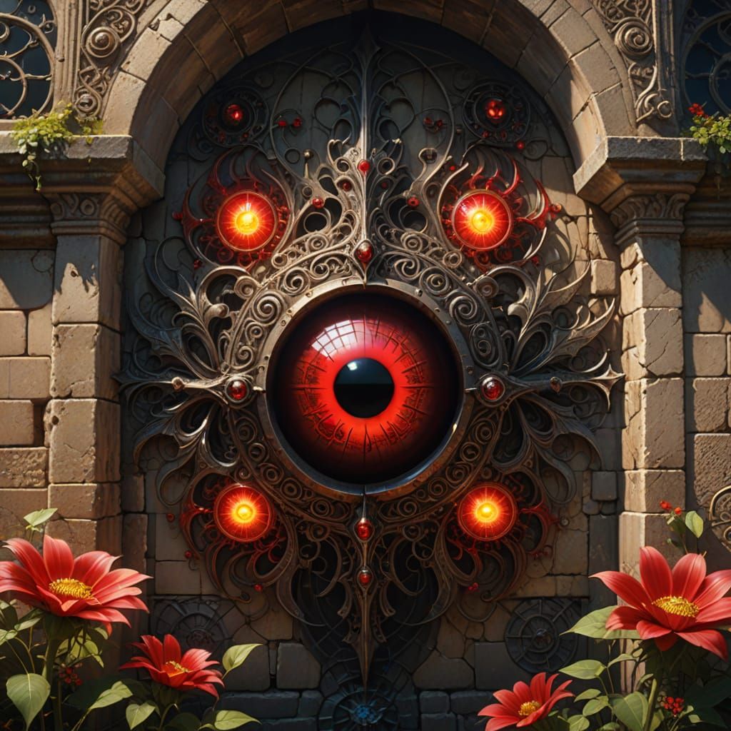Scary Red Eyes in Monastery Wall, Aetherpunk Fantasy Art