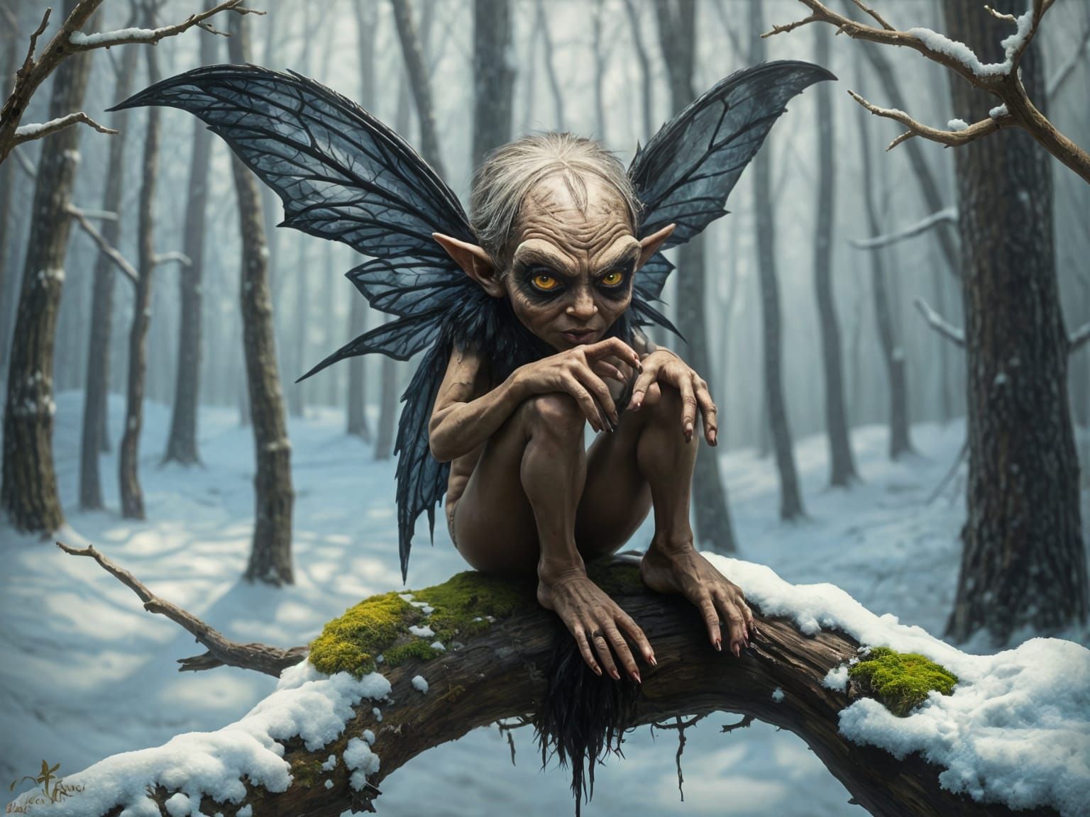 Gnarly Fairy in Snowy Forest as Oil Painting