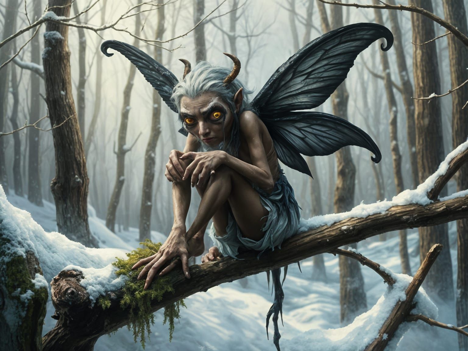 Enchanting Fairy in Snowy Forest, Oil Painting