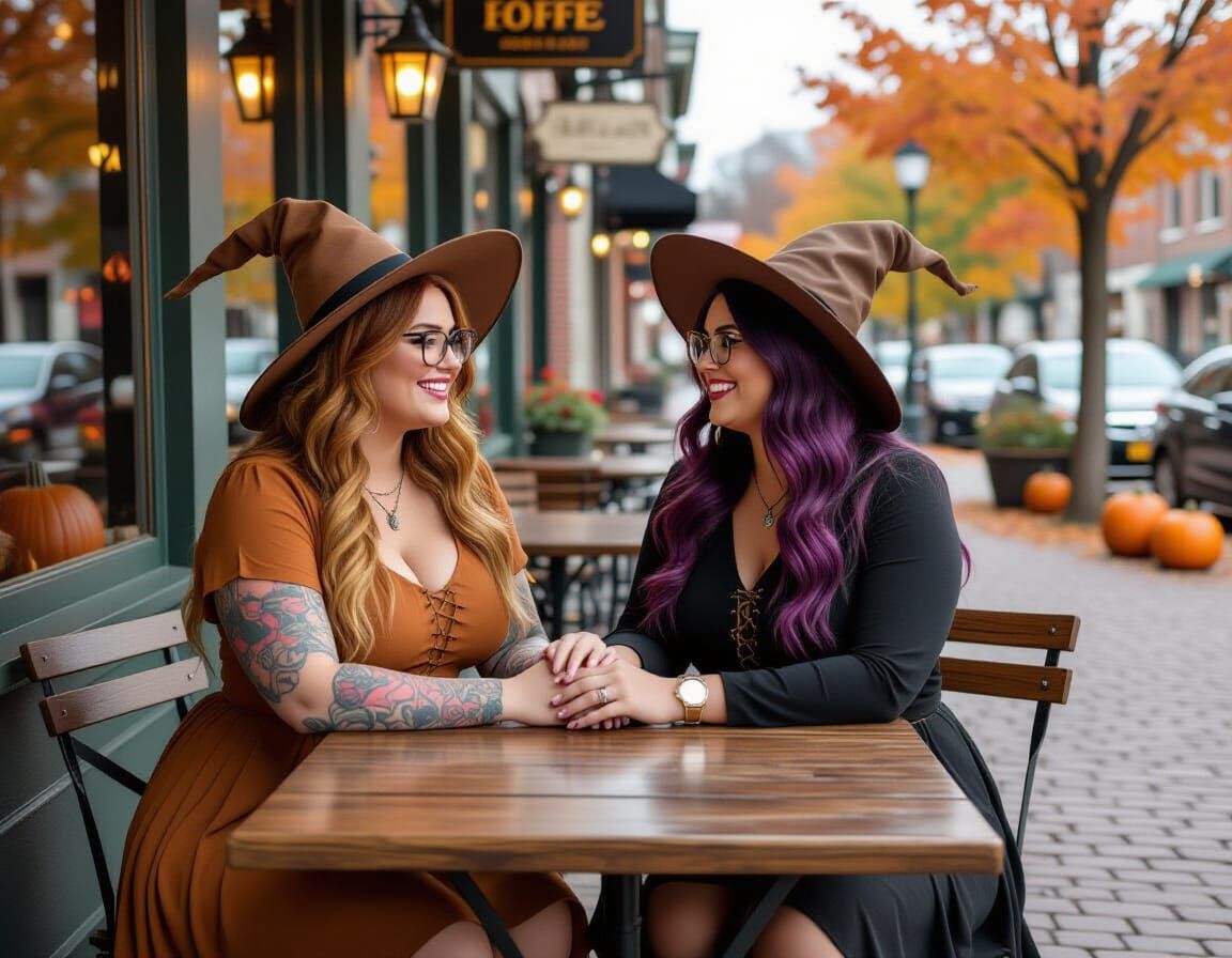 Lesbian Witches on Autumn Night in Comic Book Style