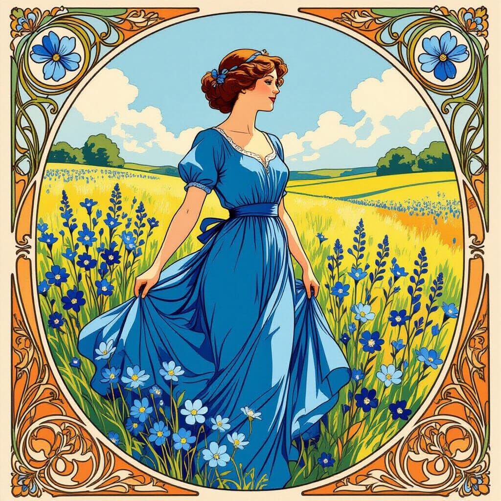 Woman in Blue Dress, Art Nouveau Style