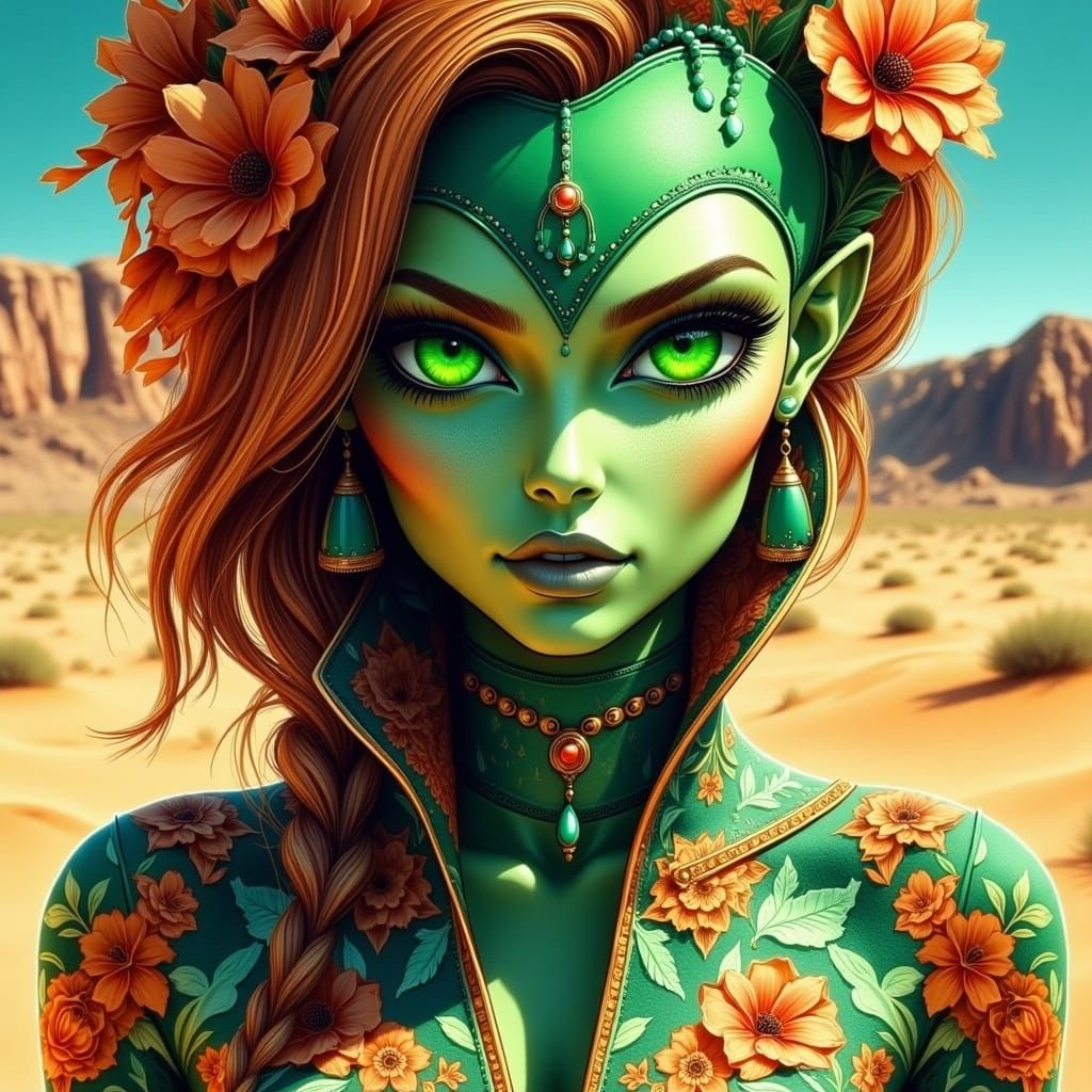 Alien Martian Girl in Desert, Watercolor Sketch