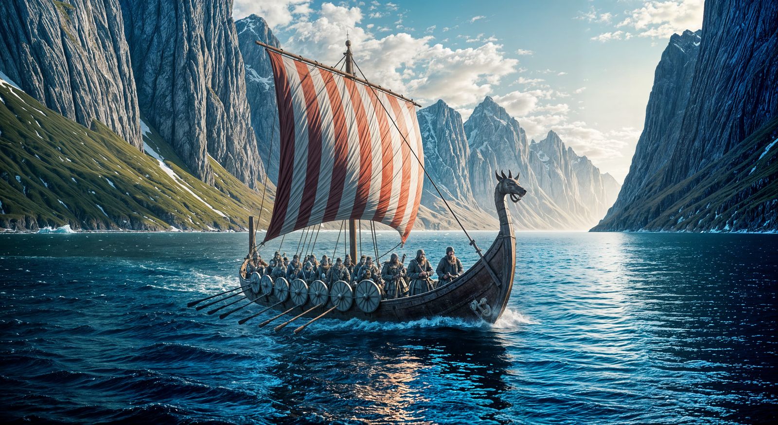 Viking Longship Arrives at Greenland in Photorealistic Style