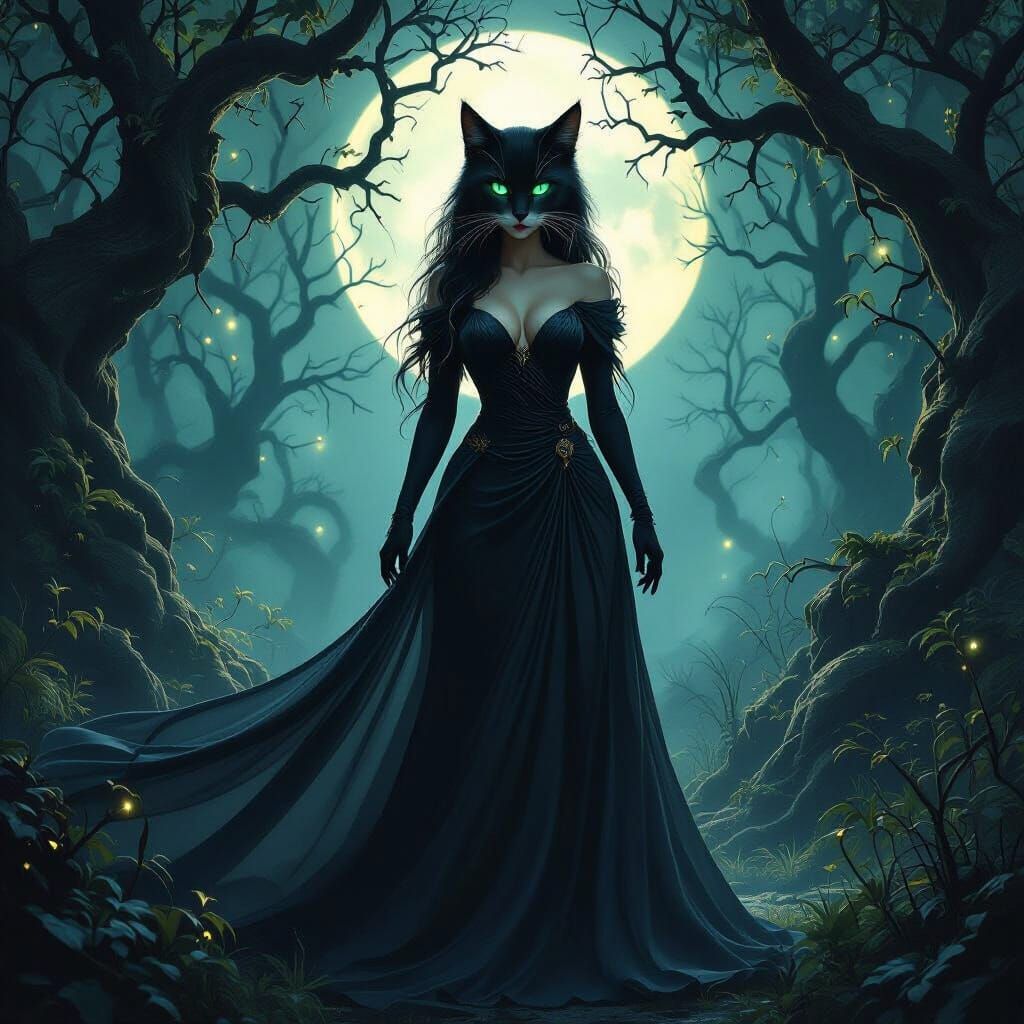 Anthropomorphic Cat Woman in Enchanted Forest