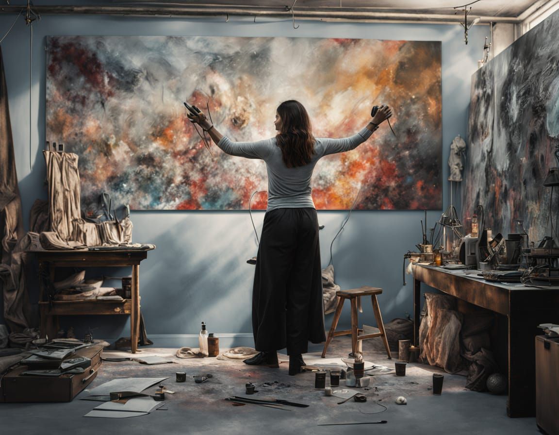 Middle-Eastern Artist in Studio with Dripping Paint Art