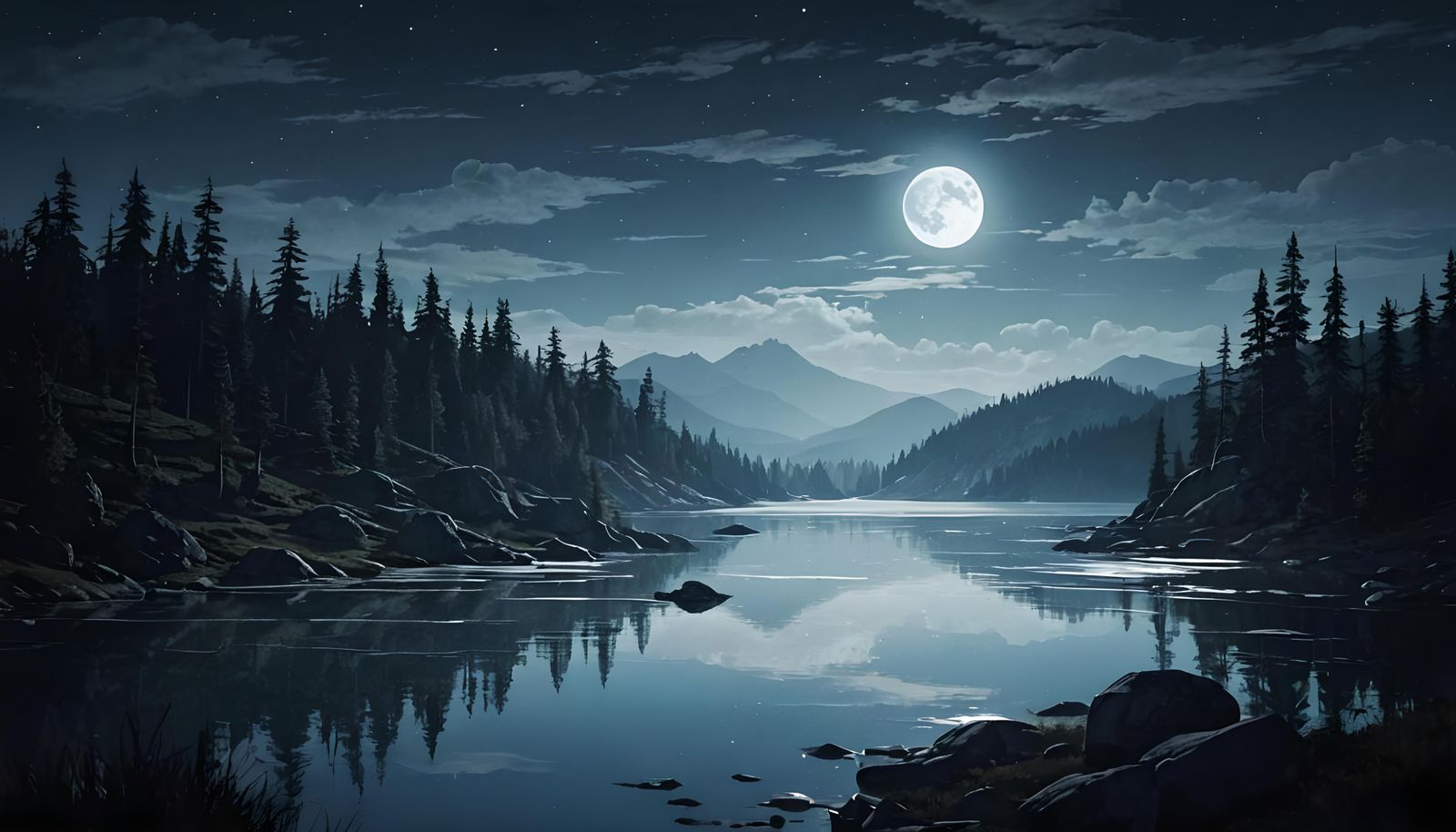 Moonlit Reflection on Mountain Lake