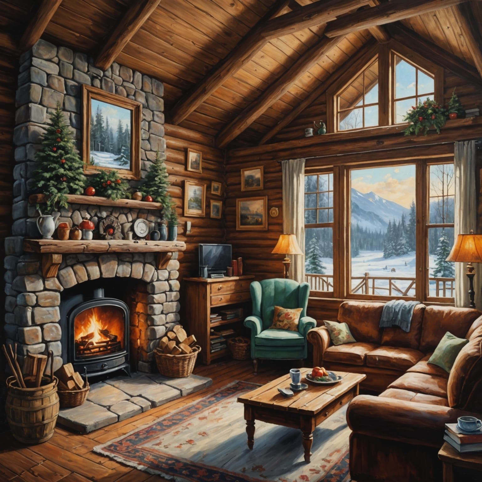 Cozy Winter Cabin: Detailed Oil Painting