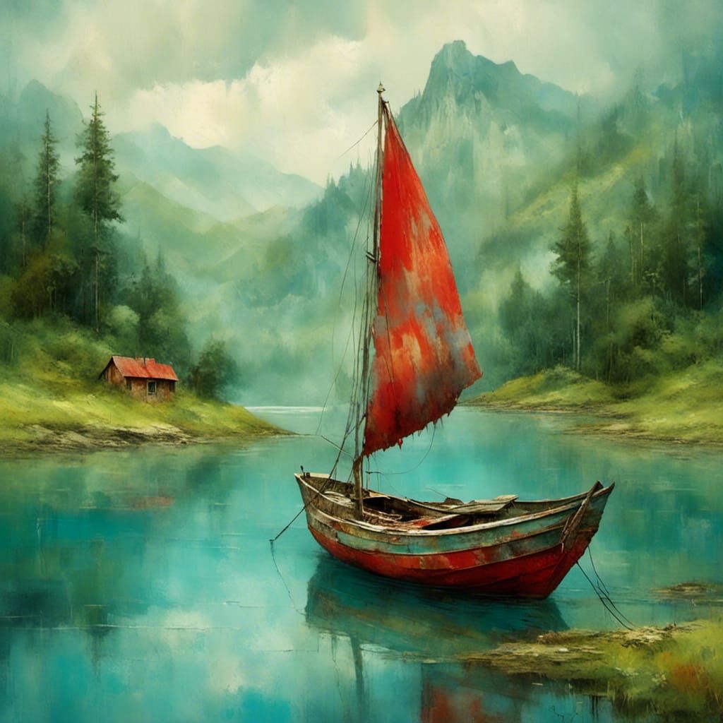 Colorful Fishing Boat on Turquoise Waters as Oil Painting