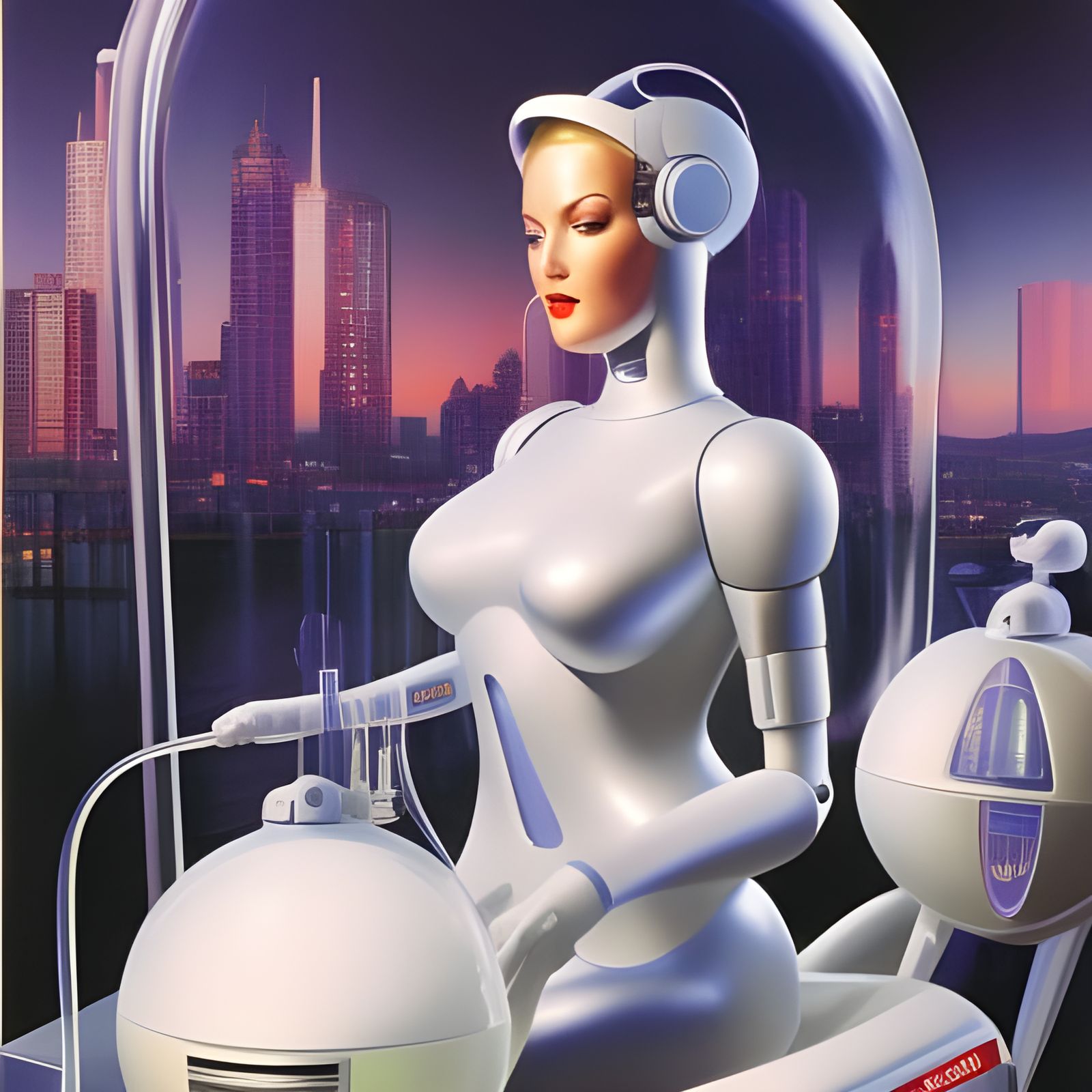 Robot in Bubble Bath: Retrofuturistic Illustration