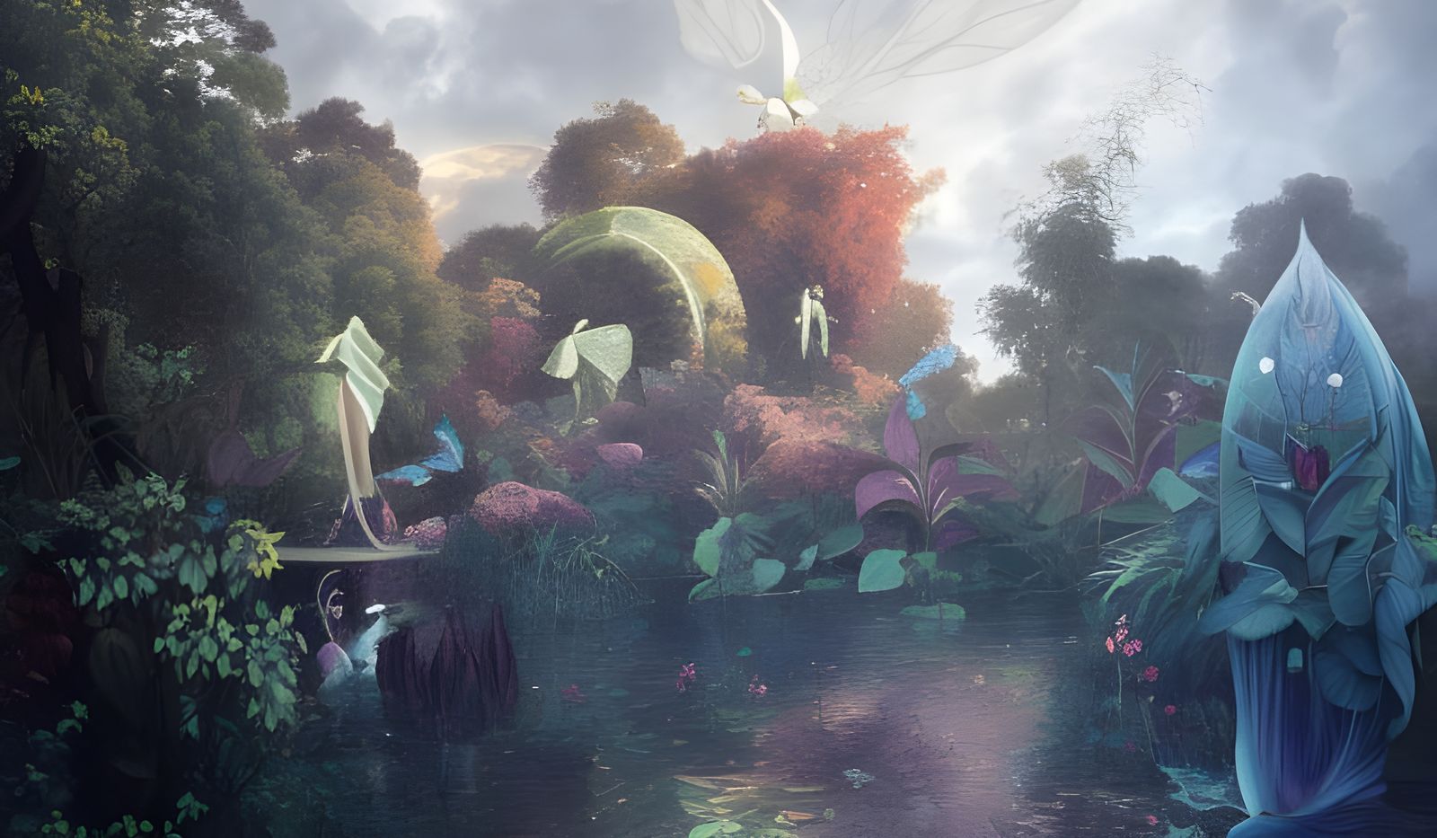 Lush Garden Scene with Surreal Elements