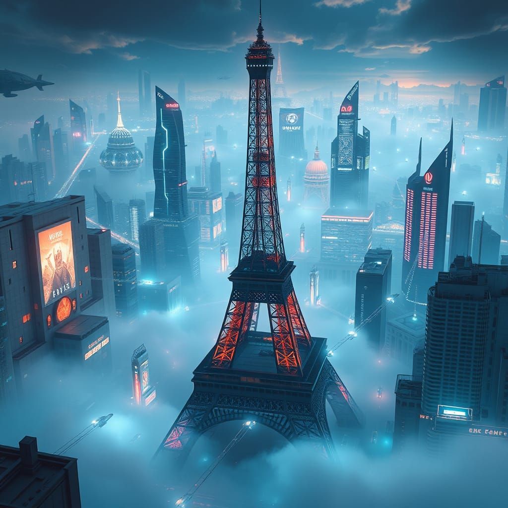 Futuristic Eiffel Tower in a Cyberpunk Cityscape