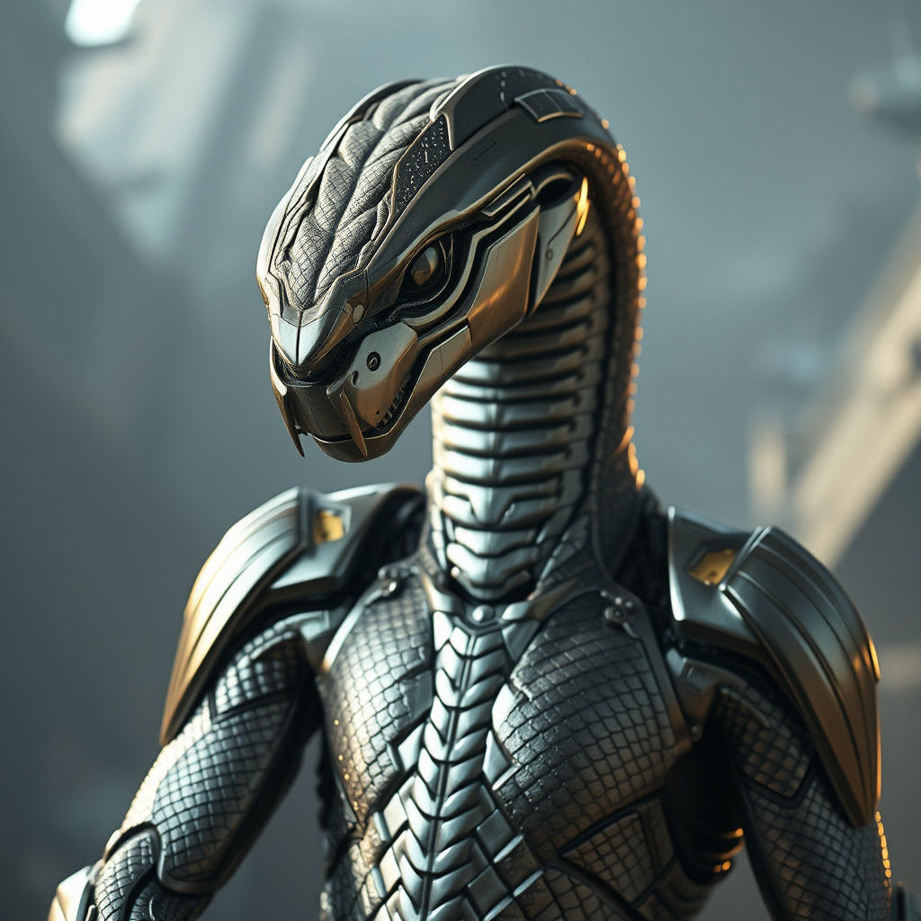 Serpent Humanoid in Metallic Exosuit, Sci-Fi Digital Art