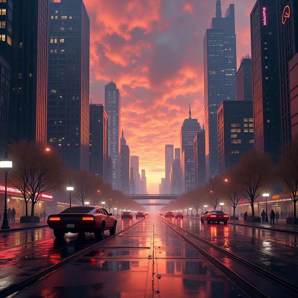 Futuristic New York Cityscape at Dusk in Maximalist Style