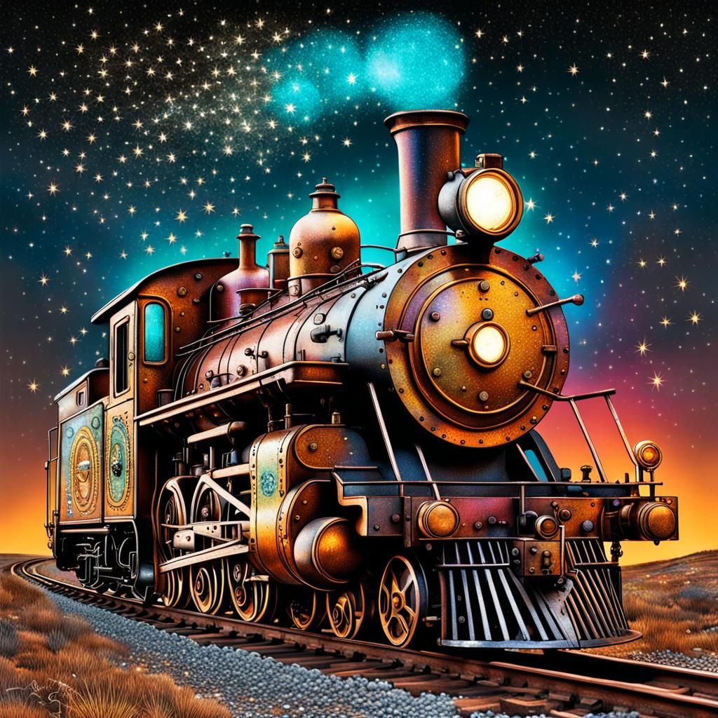 Colorful Surreal Steampunk Locomotive with Sparkling Lights