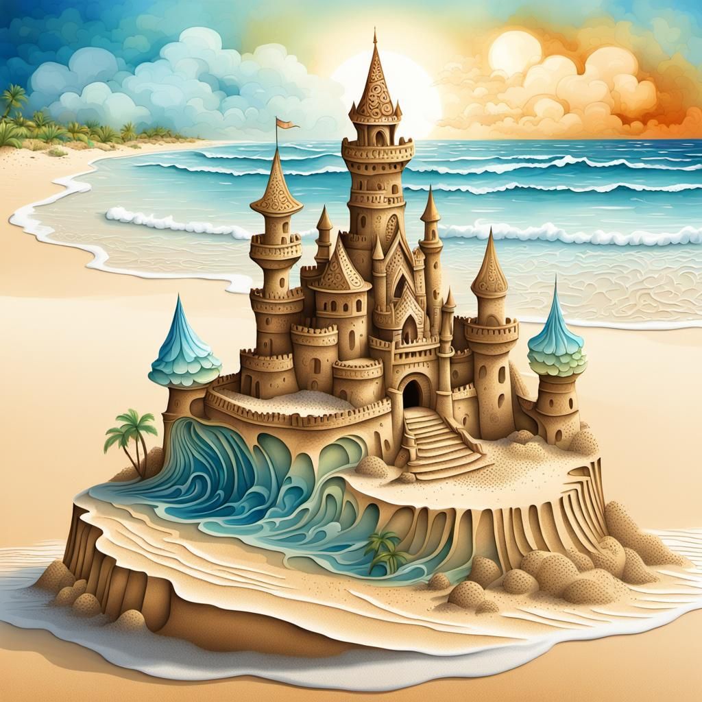 Detailed Sandcastle on Beach with Fractal Cloudscape