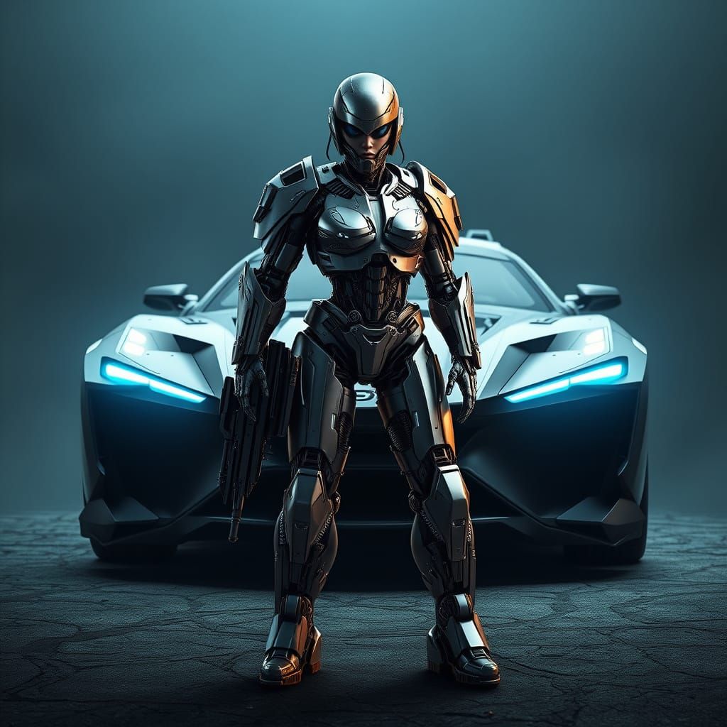 Cyborg Warrior Stands Beside Futuristic Armored Vehicle