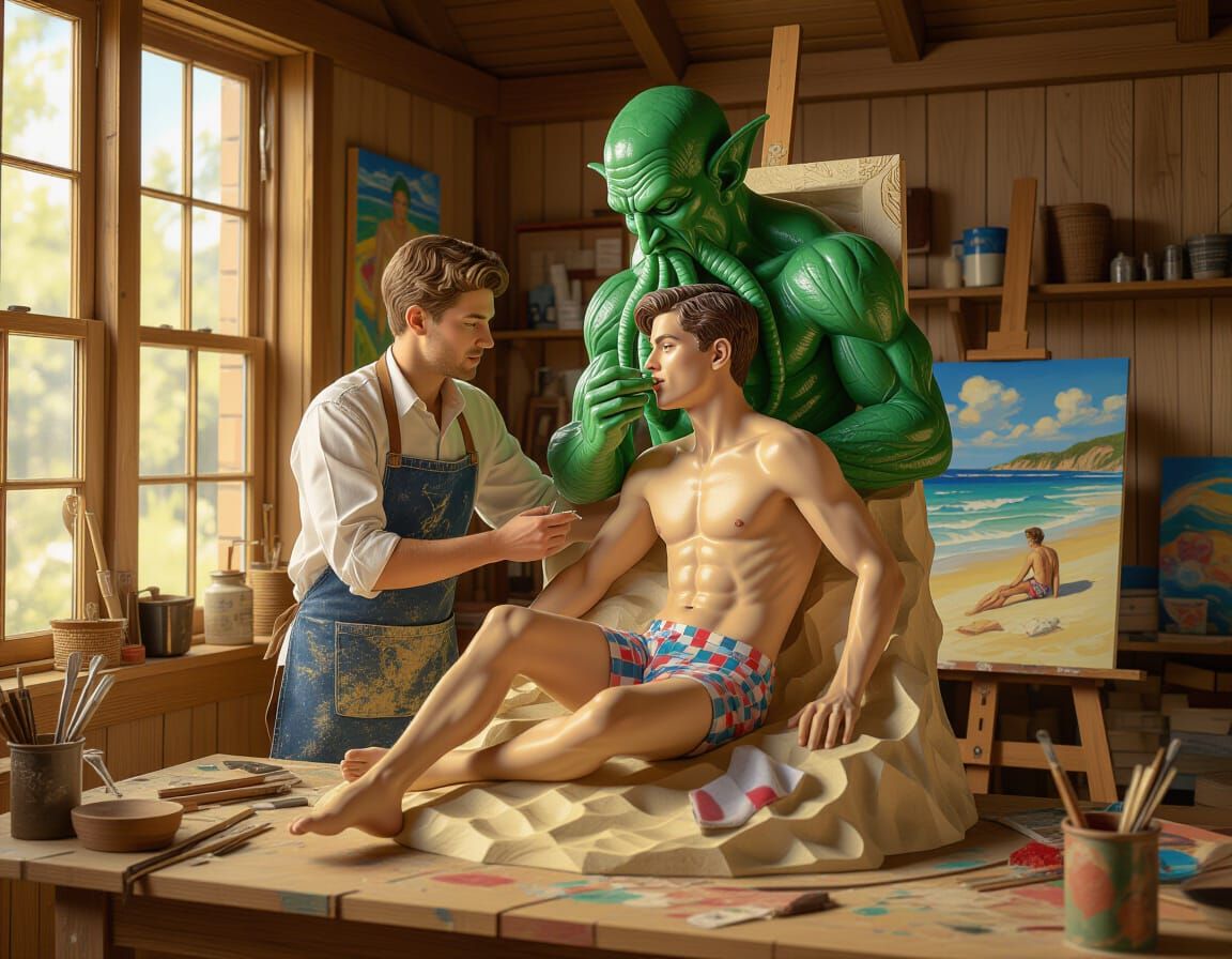 Cthulhu's Beach Romance Sculpture in Impressionist Style