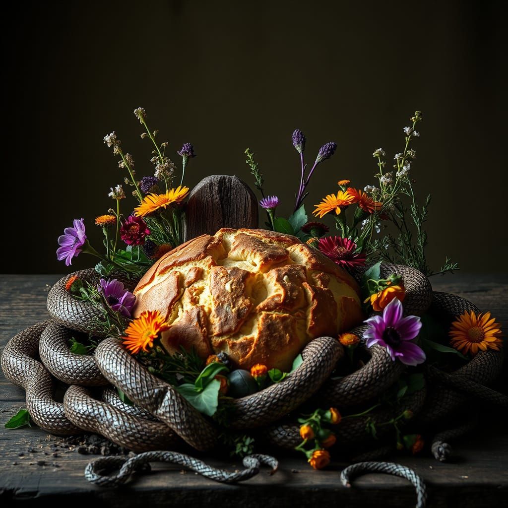 Epic Baltic Mythology Still Life with Guardian Snakes and Ri...