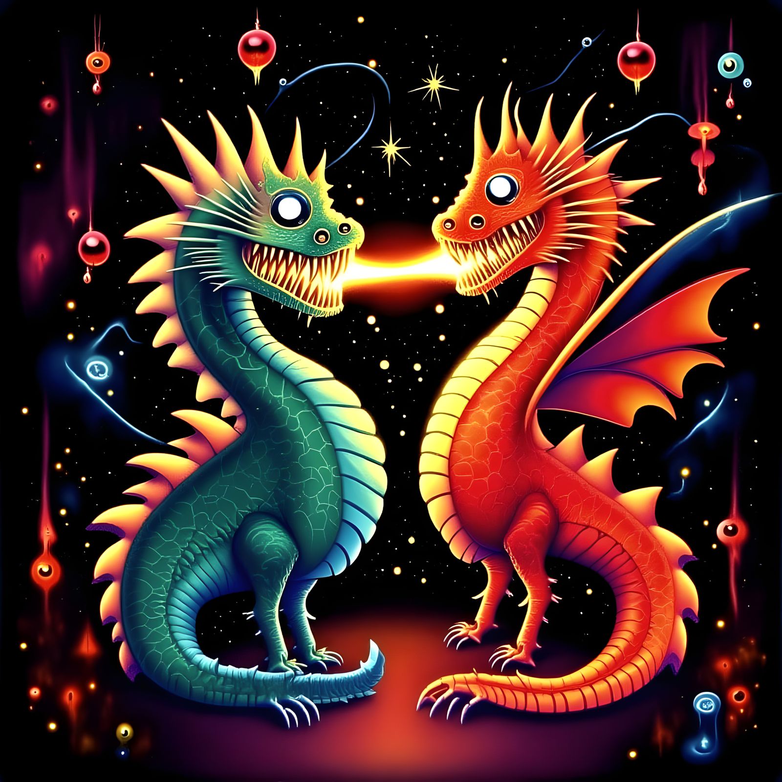 Surreal Disco Scene with Two Dancing Dragons