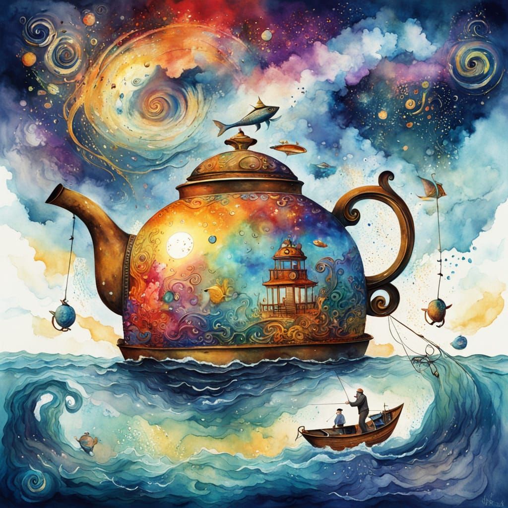 Whimsical Teapot Boat Fishing in Painted Sea