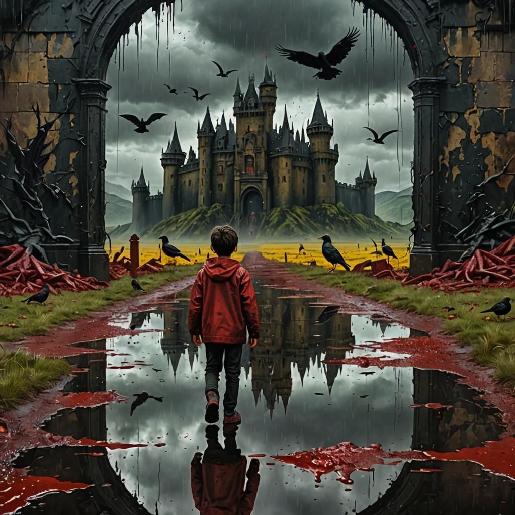 Bloody Horror Landscape with Castle and Boy