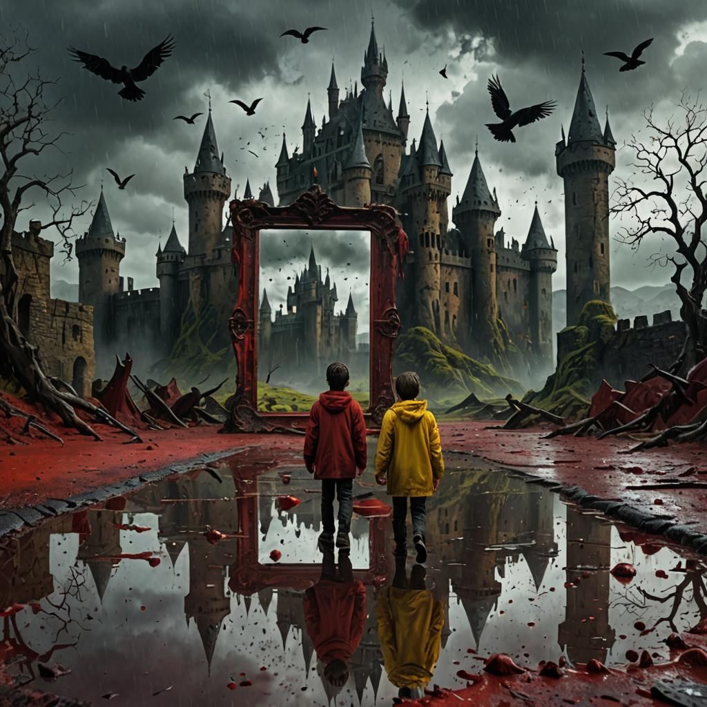 Scary Blood Landscape with Castle and Boy