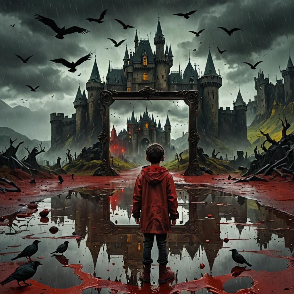 Scary Blood Landscape with Castle and Boy