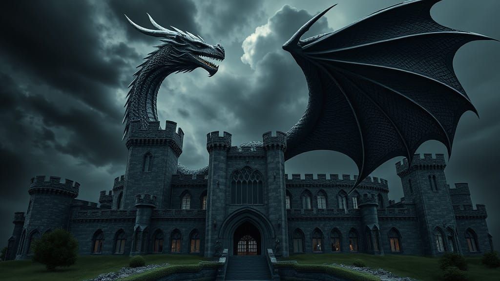 Hyper Realistic Dragon Guards Medieval Castle in Ominous Lan...