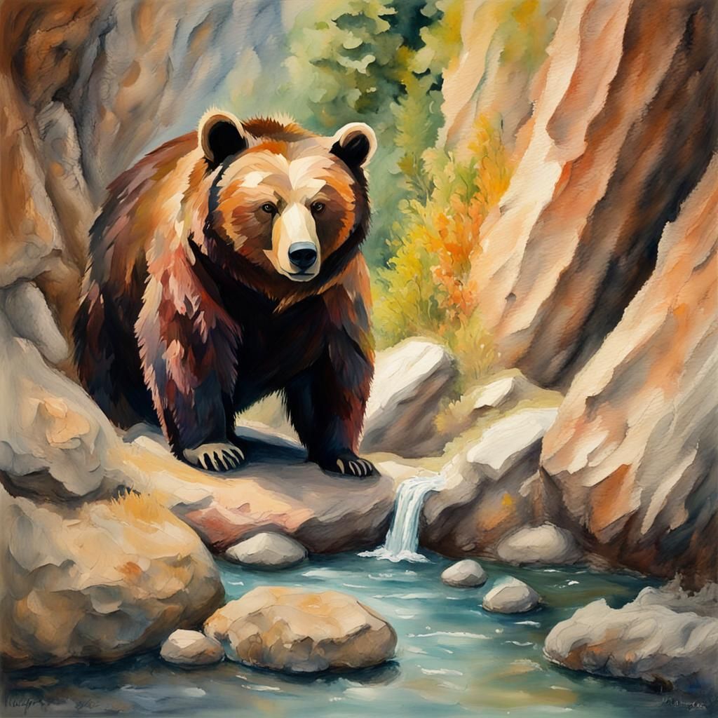 Bear in Cave: Gouache Style Impressionist Painting